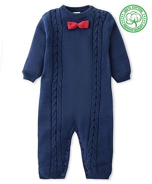 Babyhug Sweater Knitted Full Sleeves Winter Wear Romper With Cable Knit Design & Bow - Navy Blue