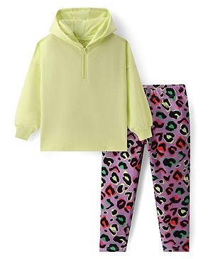 Primo Gino Cotton Knit Full Sleeves Solid Front Zipper Hoodie & Printed Leggings Set - Light Green