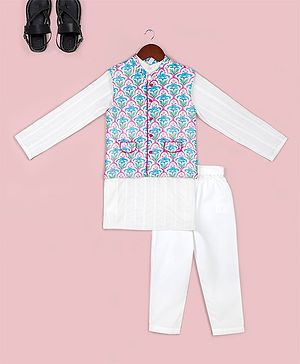 Naughty Ninos Pure Cotton Full Sleeves Solid Kurta Pyjama With Floral Motif Printed Nehru Jacket Set - White