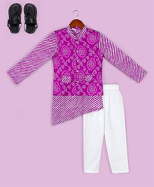 Naughty Ninos Full Sleeves Leheriya Printed Kurta & Pyjama With Bandhej Design Jacket Set - Purple