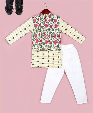 Naughty Ninos Pure Cotton Full Sleeves Floral Swirl Printed Straight Kurta & Pyjama With Nehru Jacket Set - Beige