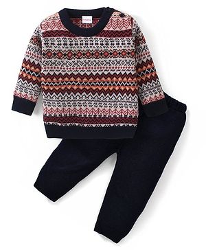 Babyhug Knitted Full Sleeves Pullover Sweater Set with Aztec Design - Multicolour