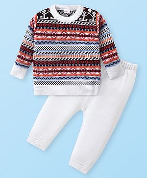 Babyhug Knitted Full Sleeves Sweater Set with Ikat Design - Multicolour