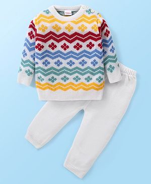 Babyhug Knitted Full Sleeves Floral Printed Sweater Set - Multicolour