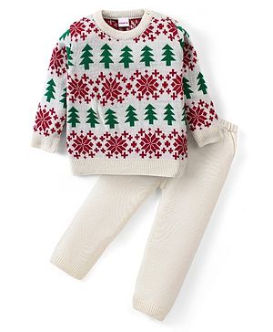 Babyhug Knitted Full Sleeves Sweater Set with Trees Design - Multicolour