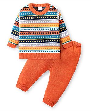 Babyhug Knitted Full Sleeves Striped Designed Sweater Set - Multicolour