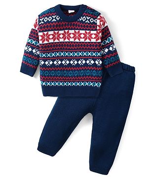 Babyhug Knitted Full Sleeves Sweater Set with Intarsia Design - Blue Red & White