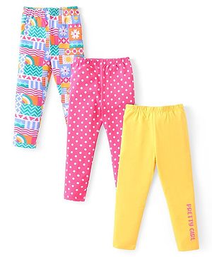 Babyhug Cotton Lycra Knit Full Length Leggings with Polka Dots  & Floral Print Pack of 3 - Pink & Yellow