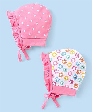 Babyhug 100% Cotton Bonnet Cap with Knot Polka Dot & Floral Print Pack of 2 - Pink