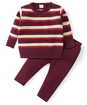 Babyhug Knitted Full Sleeves Sweater Set with Stripes - Maroon
