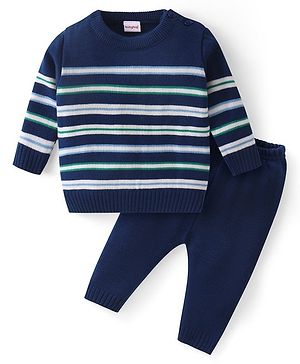 Babyhug Knitted Full Sleeves Striped Pullover Sweater Set - Navy Blue Green & White