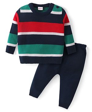 Babyhug Knitted Full Sleeves Striped Pullover Sweater St - Navy Blue Red & Green