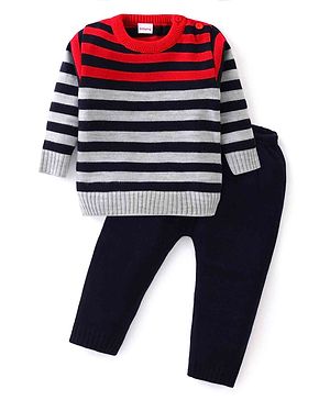 Babyhug Knit Full Sleeves Sweater Set With Stripes - Multicolour
