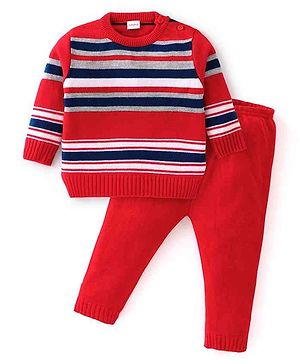 Babyhug Knit Full Sleeves Sweater Set With Stripes - Red