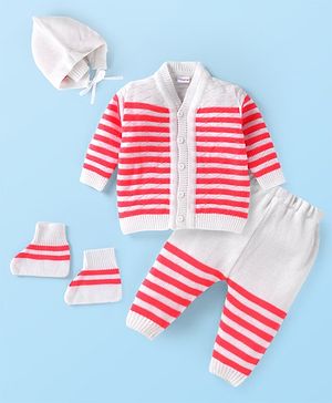 Babyhug Knitted Full Sleeves Striped Front Open Sweater Set with Pair of Booties & Cap - Red & White