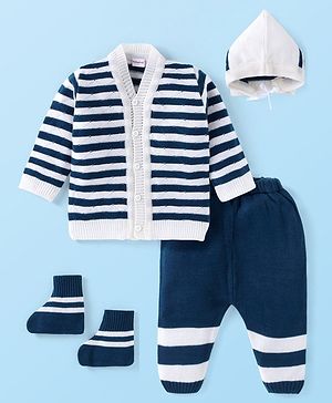 Babyhug Knitted Full Sleeves Striped Front Open Sweater Set with Cap  Pair of Booties - Navy Blue & White