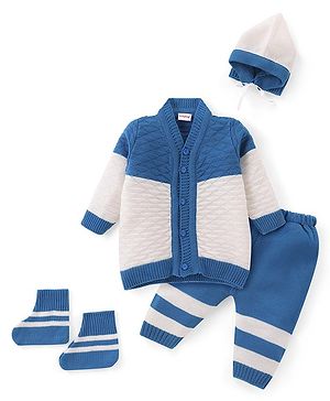 Babyhug Knitted Full Sleeves Front Open Striped Sweater Set with Cap & Pair of Booties - Blue & White