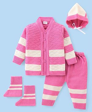 Babyhug Knit Full Sleeves Front Open Sweater & Pant Set with Cap and Booties Stripes Design - Pink