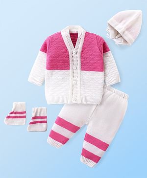 Babyhug Knit Full Sleeves Colour Blocked Sweater Set with Cap & Socks - White & Pink