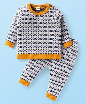 Babyhug Knitted Full Sleeves Sweater Set With Chevron Design - White