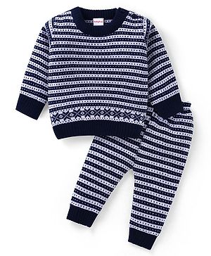 Babyhug Knitted Full Sleeves Pullover Sweater Set With Stripes & Aztec Design - Navy Blue