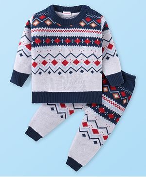 Babyhug Knitted Full Sleeves Pullover Sweater Set With Aztec Design - Navy Blue & Grey