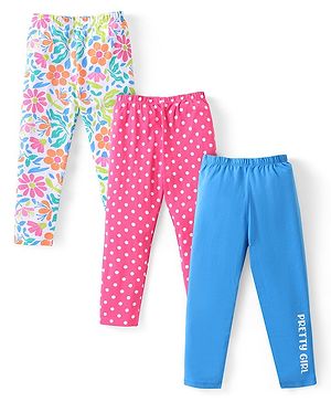 Babyhug Cotton Lycra Knit Full Length Leggings with Floral Polka Dots & Text Print Pack of 3 - Pink & Blue