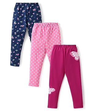 Babyhug Cotton Lycra Knit Full Length Stretchable Leggings with Polka Dots & Floral Print Pack of 3 - Multicolour