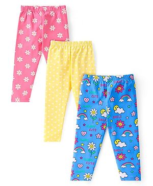 Babyhug Cotton Lycra Knit Full Length Leggings With Floral & Polka Dots Print Pack Of 3 - Yellow Blue & Pink