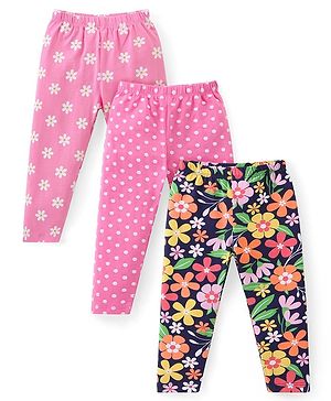 Babyhug Cotton Lycra Knit Full Length Leggings With Floral & Polka Dots Print Pack Of 3 - Blue & Pink