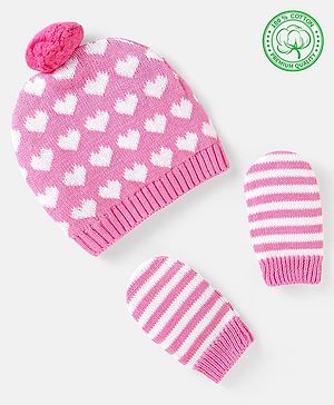 Babyhug 100% Organic Woollen Cap & Mittens With Pom Pom Applique & Heart Design Pink - Diameter 11 cm