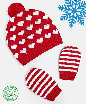 Babyhug 100% Cotton Organic Woollen Caps With Mittens Heart Print - Red & White