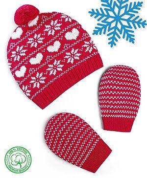 Babyhug 100% Cotton Organic Woollen Caps With Mittens Heart Print - Red & White