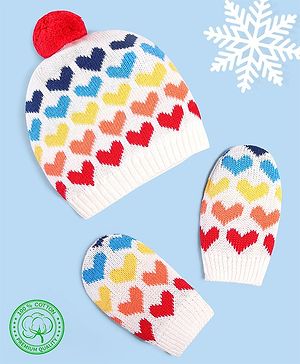 Babyhug 100% Cotton Organic Woollen Caps With Mittens Heart Print - Red & White
