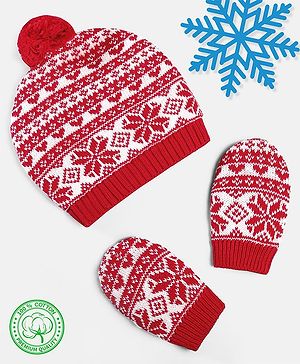 Babyhug 100% Cotton Organic Woollen Caps With Mittens Intarsia Design - Red & White