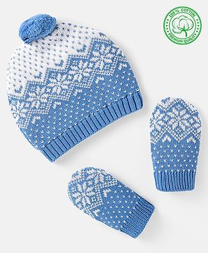 Babyhug 100% Organic Woollen Cap & Mittens With Pom Pom Applique & Floral Design Blue - Diameter 10 cm