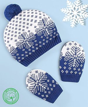 Babyhug 100% Cotton Organic Woollen Caps With Mittens Snow Print - Blue & White