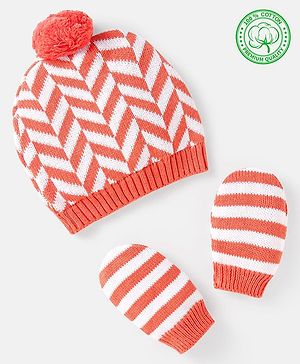 Babyhug 100% Organic Woollen Cap & Mittens With Pom Pom Applique & Chevron Design Orange - Diameter 9.5 cm