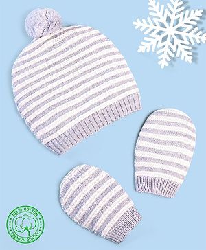 Babyhug 100% Cotton Organic Woollen Striped Caps With Mittens  - Grey & White