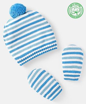 Babyhug 100% Organic Woollen Cap & Mittens With Pom Pom Applique & Strips Design Orange - Diameter 9.5 cm