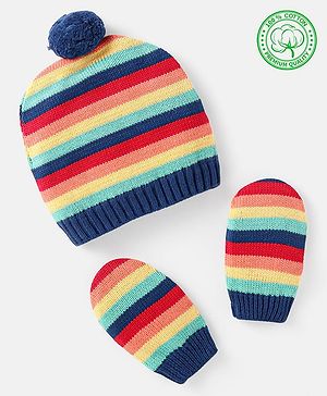 Babyhug 100% Organic Woollen Cap & Mittens With Pom Pom Applique & Strips Design Navy Blue - Diameter 9.5 cm