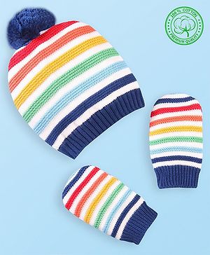 Babyhug Organic Woolen Striped Design Pom Pom Applique Cap With Mittens  Navy - Diameter 10.5