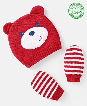 Babyhug 100% Organic Woollen Bear Cap & Mittens With Strips Design Red - Diameter 9.5 cm