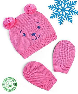 Babyhug 100% Cotton Organic Woollen  Caps With Mittens Bear Print - Pink