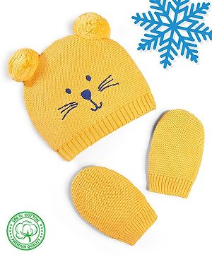 Babyhug 100% Cotton Organic Woollen Caps With Mittens Bear Print - Yellow
