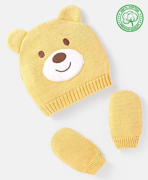 Babyhug 100% Organic Woollen Bear Cap & Mittens With Khaki - Diameter 9.5 cm