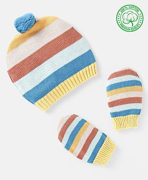 Babyhug 100% Organic Woollen Cap & Mittens With Pom Pom & Strips Design Blue & Brown - Diameter 9.5 cm