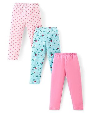 Babyhug Cotton Lycra Knit Full Length Floral & Polka Dot Printed Leggings Pack of 3 - Light Pink Light Blue & Pink