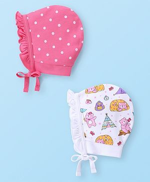 Babyhug 100% Cotton Bonnet Cap with Knot Polka Dot & Bear Print Pack of 2 - Pink