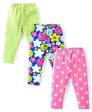 Babyhug Cotton Lycra Knit Full Length Leggings With Floral & Polka Dots Print Pack Of 3 - Lime Blue & Pink